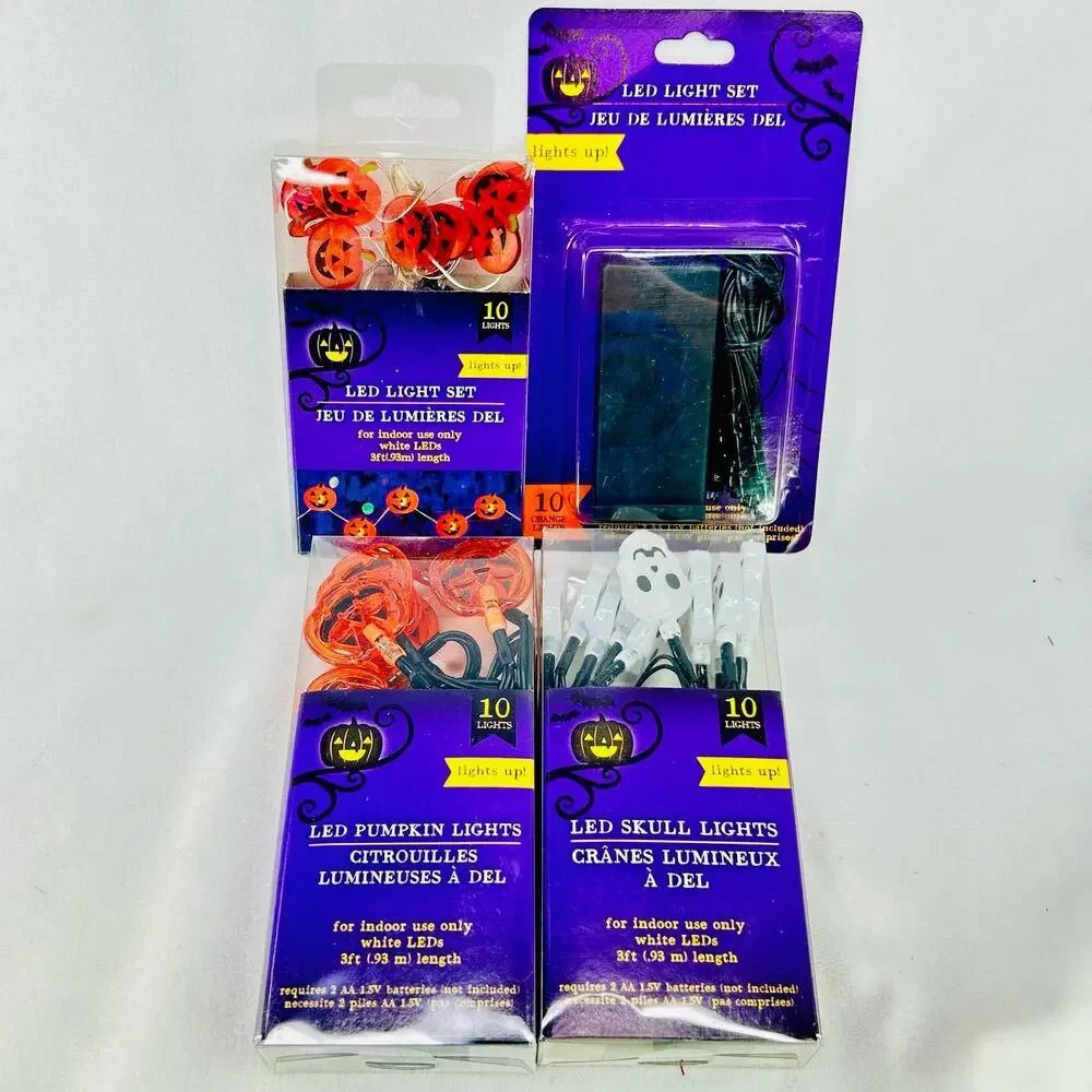 Halloween Led 10 Light‎ Strings Lot of 4 - Lg & Sm Pumpkins Skulls Orange Lights